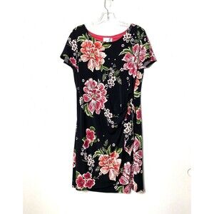 Signature by Robbie Bee Dress Women's Size M Black Floral Office Bow Tie Waist